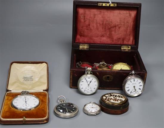 Five assorted pocket watches including military and three silver, a cased Bravingtons chronoscope and five other items.